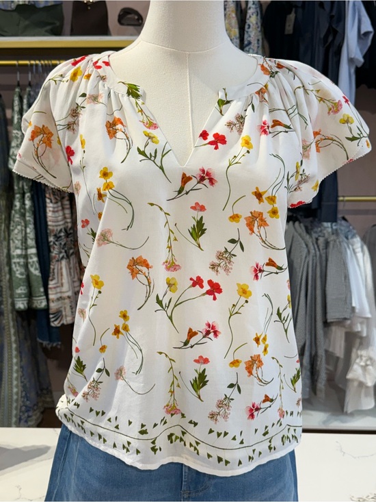 ecru Tops - ecru White Floral Notch-Neck Short Sleeve Blouse